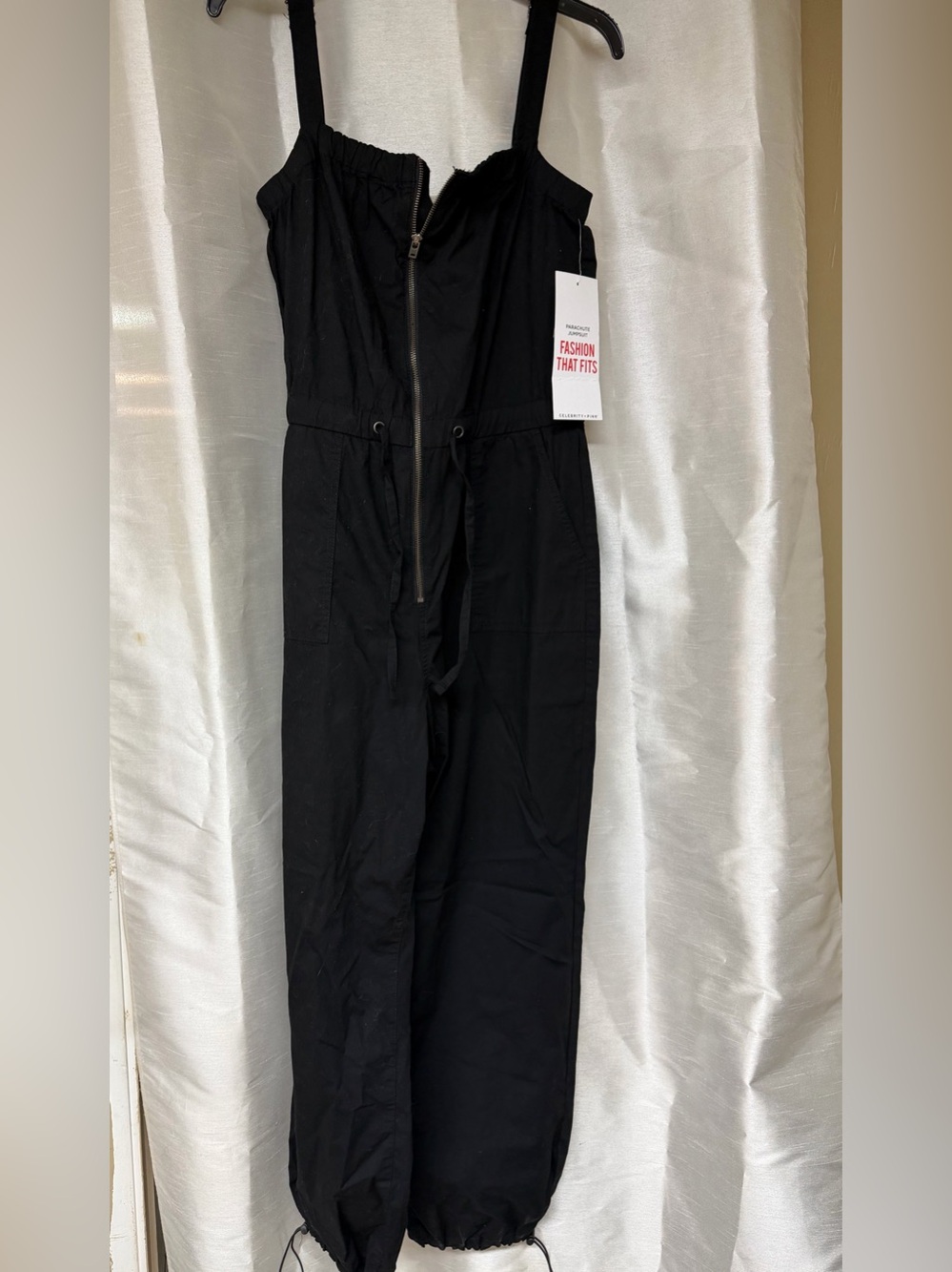 Celebrity Pink Black Parachute Jumpsuit with Front Zipper